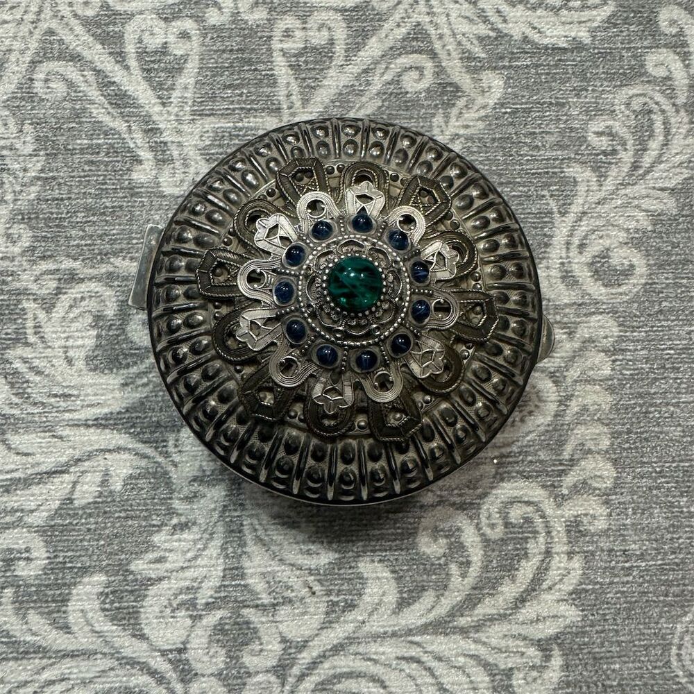 Vintage Round Jewelry Trinket Box Silver Tone Filigree Green & Blue